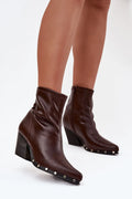bottines femme similicuir marron chocolat cheville bout pointu talon bloc incliné effet bois fermeture éclair latérale rivets décoratifs