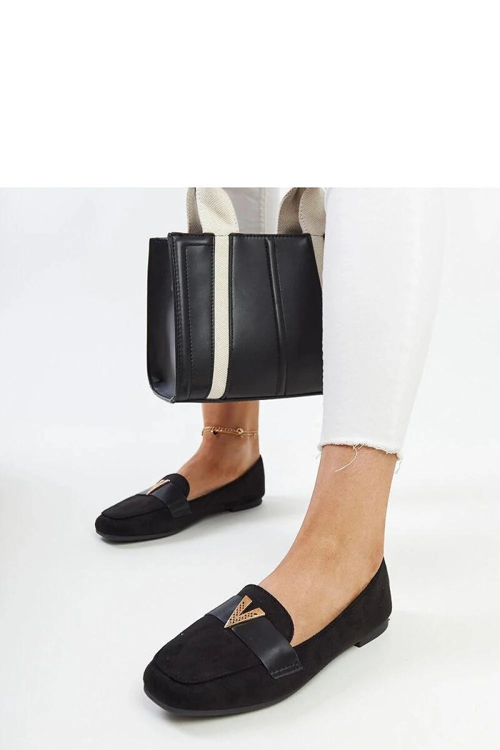 mocassins femmes suédine noire ornement Namal doré chevron bout arrondi semelle caoutchouc coussinée confortable ajustée polyvalente bureau casual