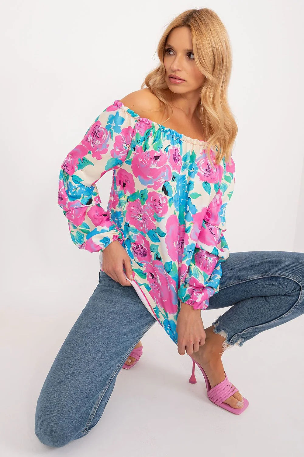 Chemisier féminin off-shoulder imprimé floral coloré été 2023 polyester coton respirant manches longues élastique col large