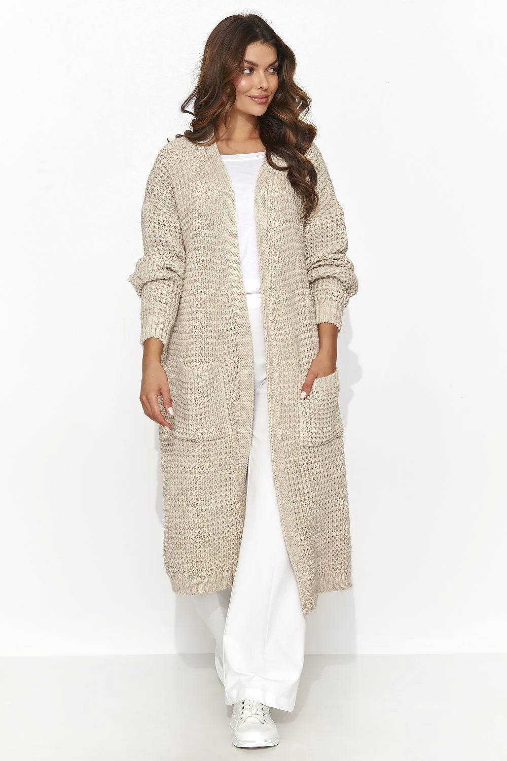 Cardigan long pour femmes en maille beige clair ample sans boutons manches longues poches frontales