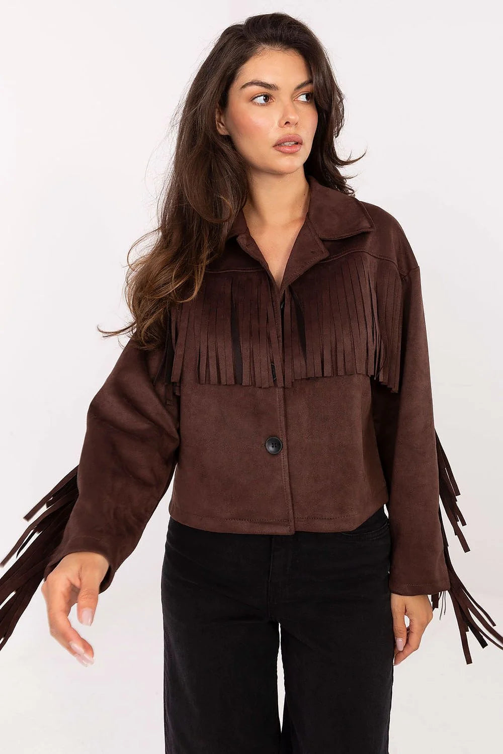 veste femme courte boxy coupe western bohème suédine effet daim marron chocolat franges manches longues col classique boutonnée non doublée
