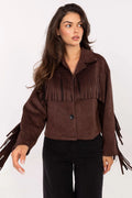 veste femme courte boxy coupe western bohème suédine effet daim marron chocolat franges manches longues col classique boutonnée non doublée