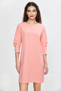 Robe de jour élégante A-line manches 3/4 encolure ronde rose saumon confortable polyvalente femme elasthane 2