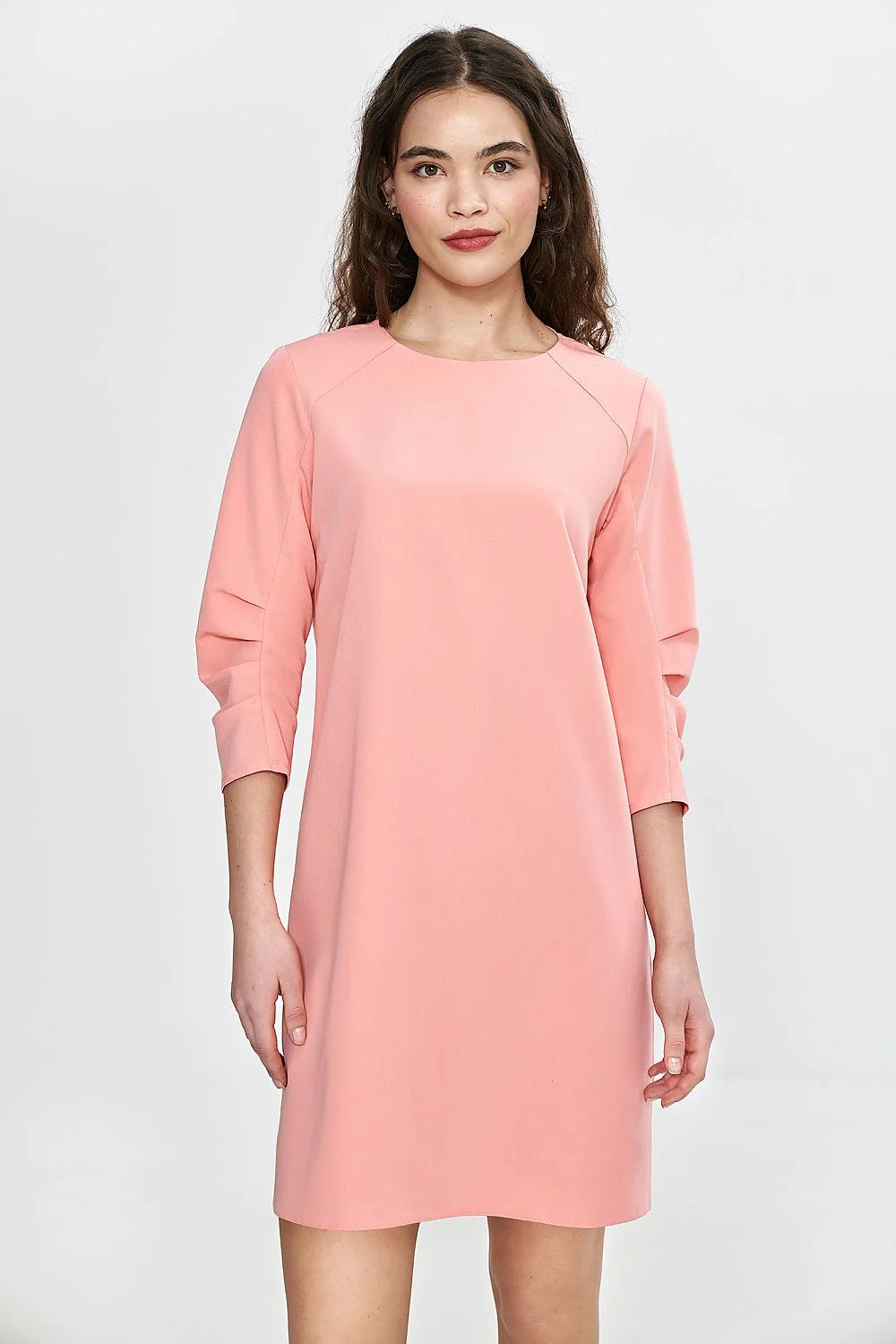 Robe de jour élégante A-line manches 3/4 encolure ronde rose saumon confortable polyvalente femme elasthane 2