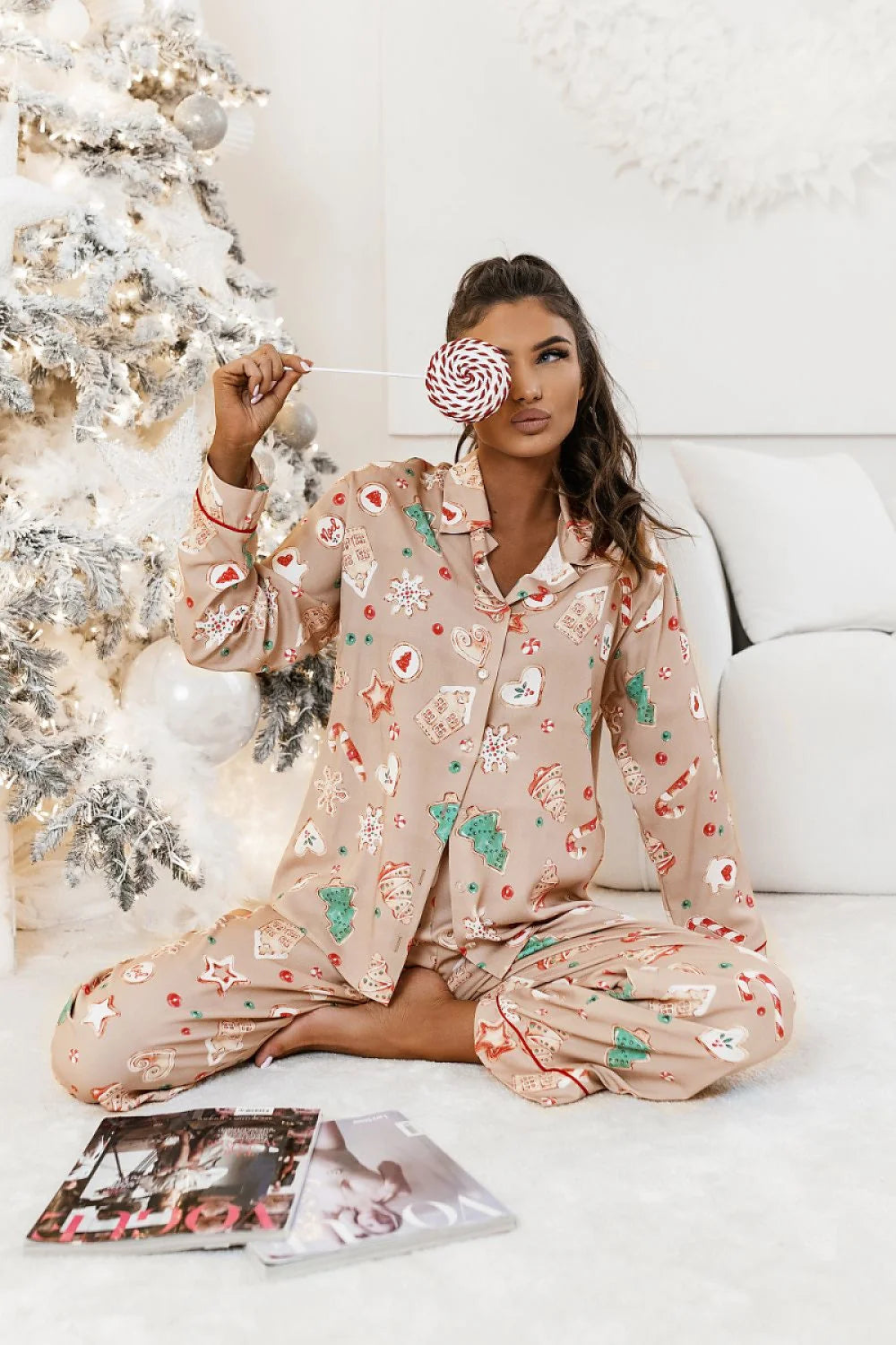 pyjama femme deux pièces TALLY Cookies imprimé gourmand Noël beige rosé multicolore chemise boutonnée nouée taille pantalon large élastique