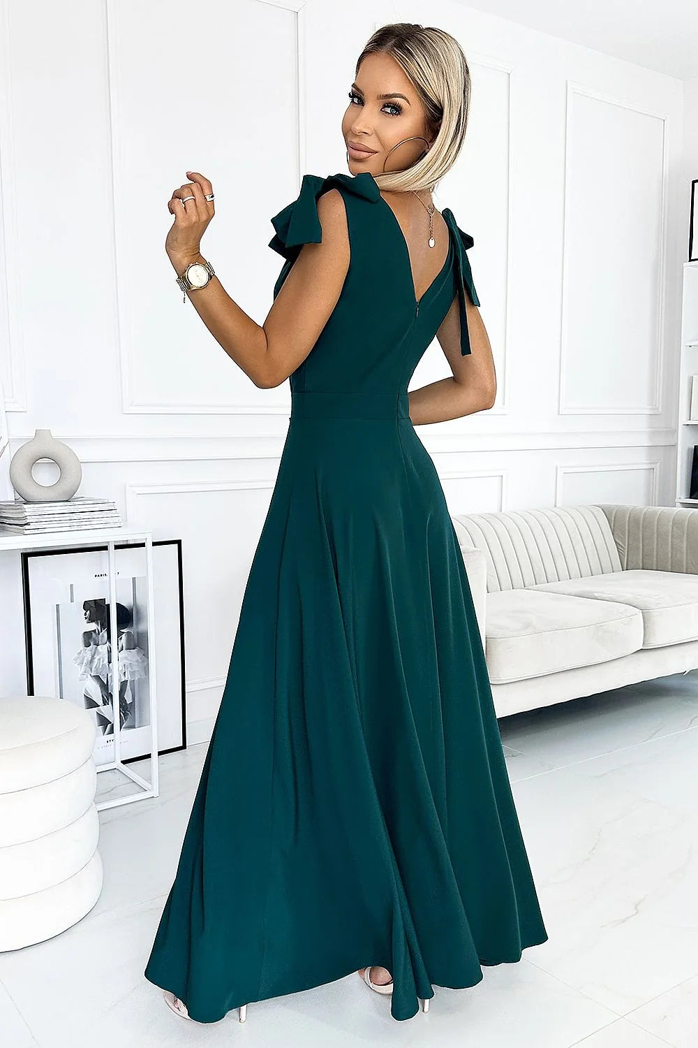 Robe longue élégante pour femme, couleur vert émeraude, décolleté V croisé, nœuds sur les épaules, fente sur les jambes, polyester 95% élasthanne 5%