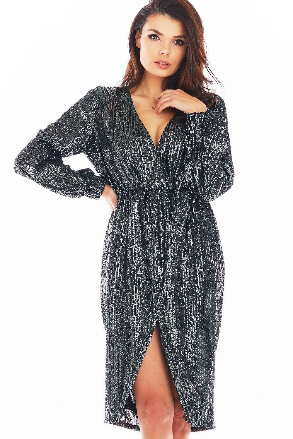 Robe de soirée élasthanne polyester paillettes encolure V manches longues ajustable élégante femme moderne