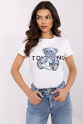 T-shirt femme blanc ours en peluche paillettes coton élasthanne manches courtes col rond ajusté