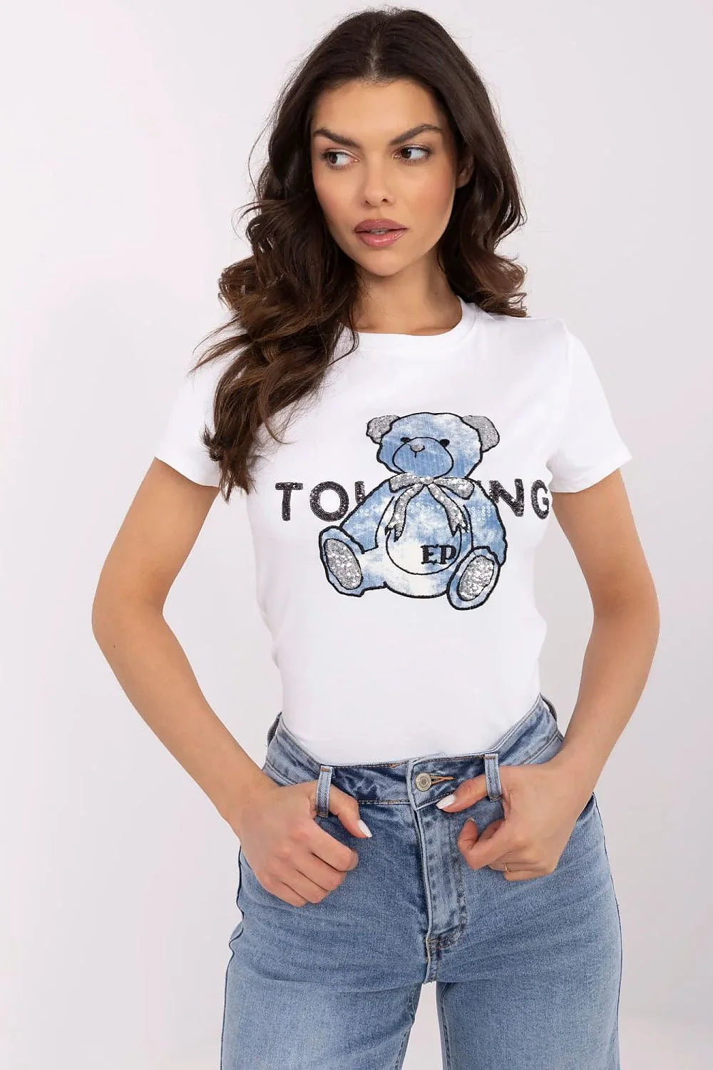 T-shirt femme blanc ours en peluche paillettes coton élasthanne manches courtes col rond ajusté