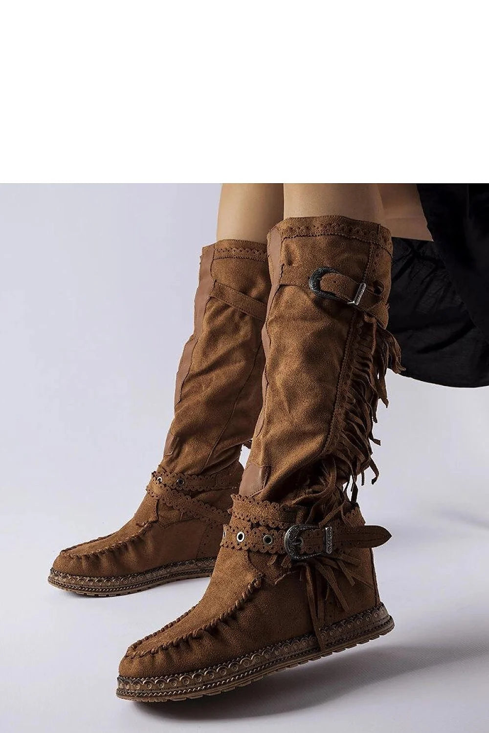 Bottes cothurnes bohèmes western en suédine marron à franges et sangles métalliques pour femme, style rustique, talon compensé, automne/hiver