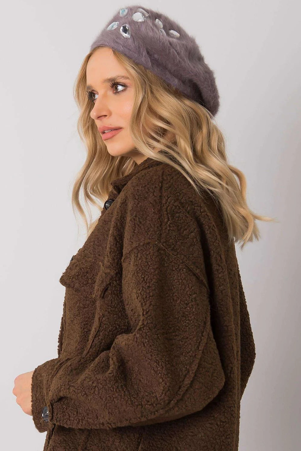 Veste ample en laine bouclée marron chic et béret violet strass décontractés automne-hiver femmes