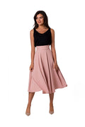 Jupe midi évasée taille haute ceinture intégrée boutons décoratifs dorés polyester fluide tombé léger rose poudré noir trapèze plissée