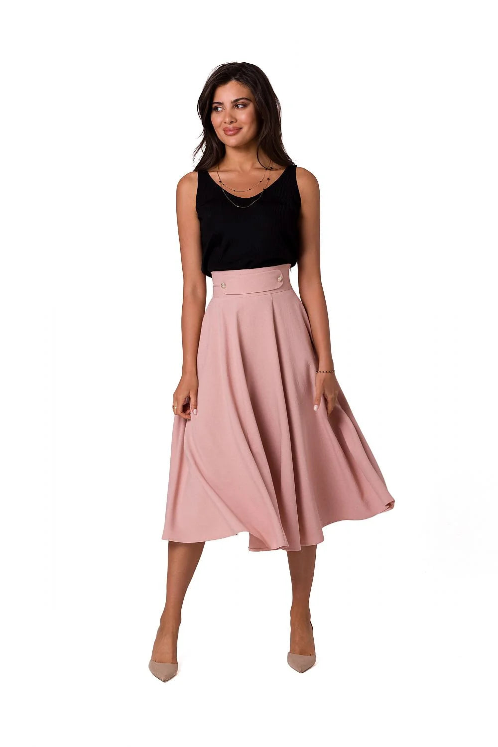 Jupe midi évasée taille haute ceinture intégrée boutons décoratifs dorés polyester fluide tombé léger rose poudré noir trapèze plissée