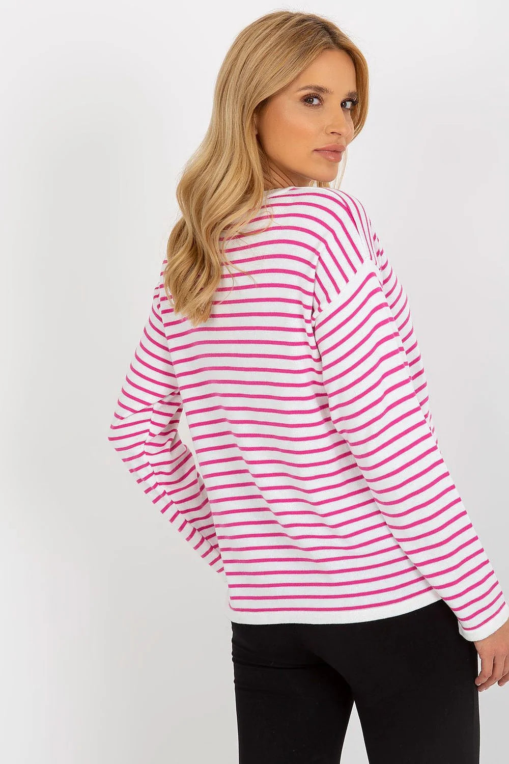 chandail femme Rue Paris marinière rayures fuchsia blanches manches longues encolure bateau maille fine coton mélange coupe oversize