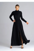 robe longue col roulé manches longues fente frontale taille élastiquée polyester elasthanne jersey fluide extensible jupe ample noir élégante
