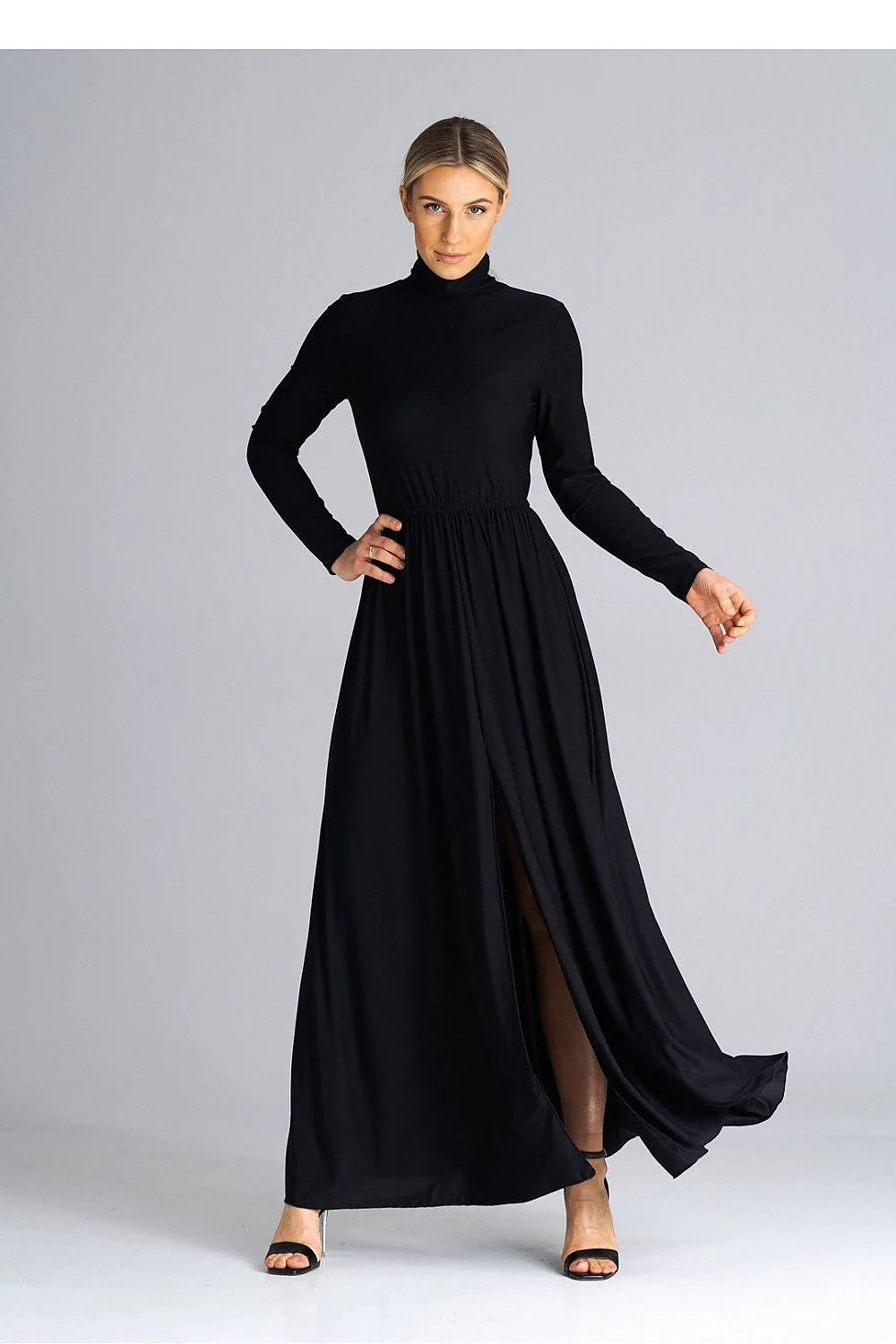 robe longue col roulé manches longues fente frontale taille élastiquée polyester elasthanne jersey fluide extensible jupe ample noir élégante