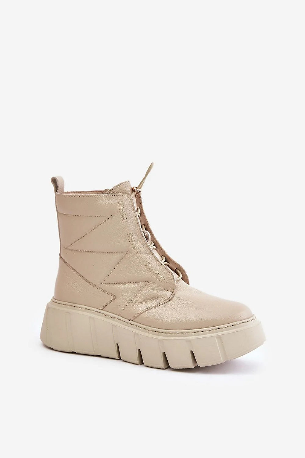 Bottines pour femmes design moderne élégant cuir synthétique beige lacets fermeture éclair dorée semelle épaisse sculptée hauteur cheville rembourrage confortable