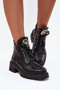 Bottines similicuir noir mihaute bout rond talon bloc plateforme crantee antiderapante lacets zip lateral oeillets logo doré doublure peluche chaleur