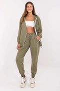 ensemble survêtement femme sweat zippé capuche pantalon jogger kaki coton élasthanne stretch taille haute cordon noué poches latérales