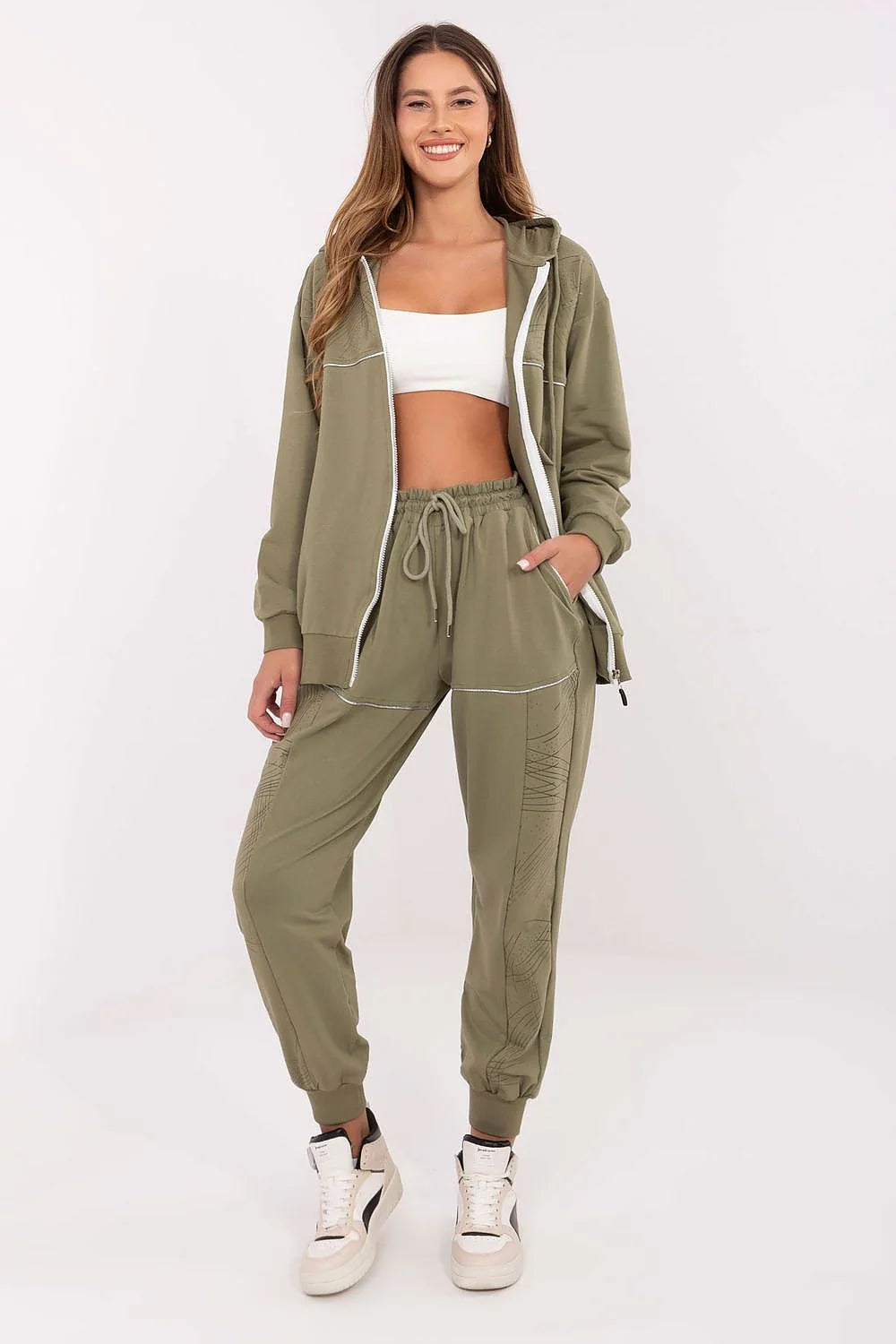 ensemble survêtement femme sweat zippé capuche pantalon jogger kaki coton élasthanne stretch taille haute cordon noué poches latérales