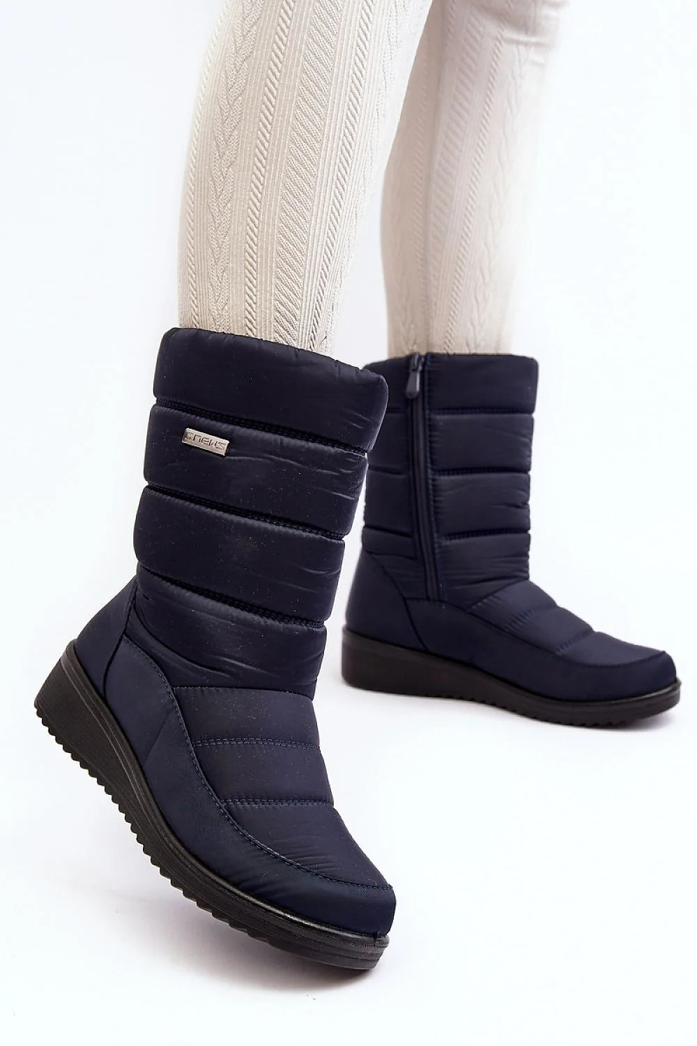 Bottes de neige pour femmes style moderne hauteur moyenne couleur bleu marine tissu synthétique imperméable doublure fourrure semelle caoutchouc non glissant
