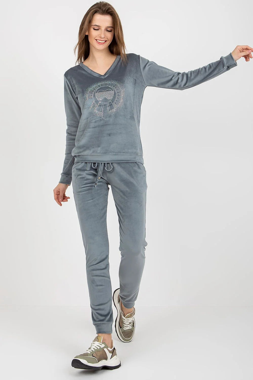 Ensemble Relevance Velours Femme Chemisier Manches Longues Encolure Serpent Pantalon Taille Élastique Matelassé Camel