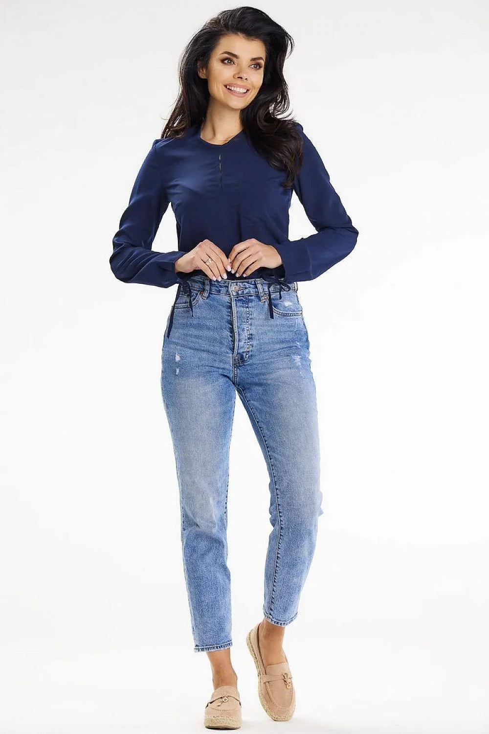 Chemisier femme élégant manches longues nouées col rond poche poitrine polyester élasthanne bleu marine taille ajustable occasion bureau soirée