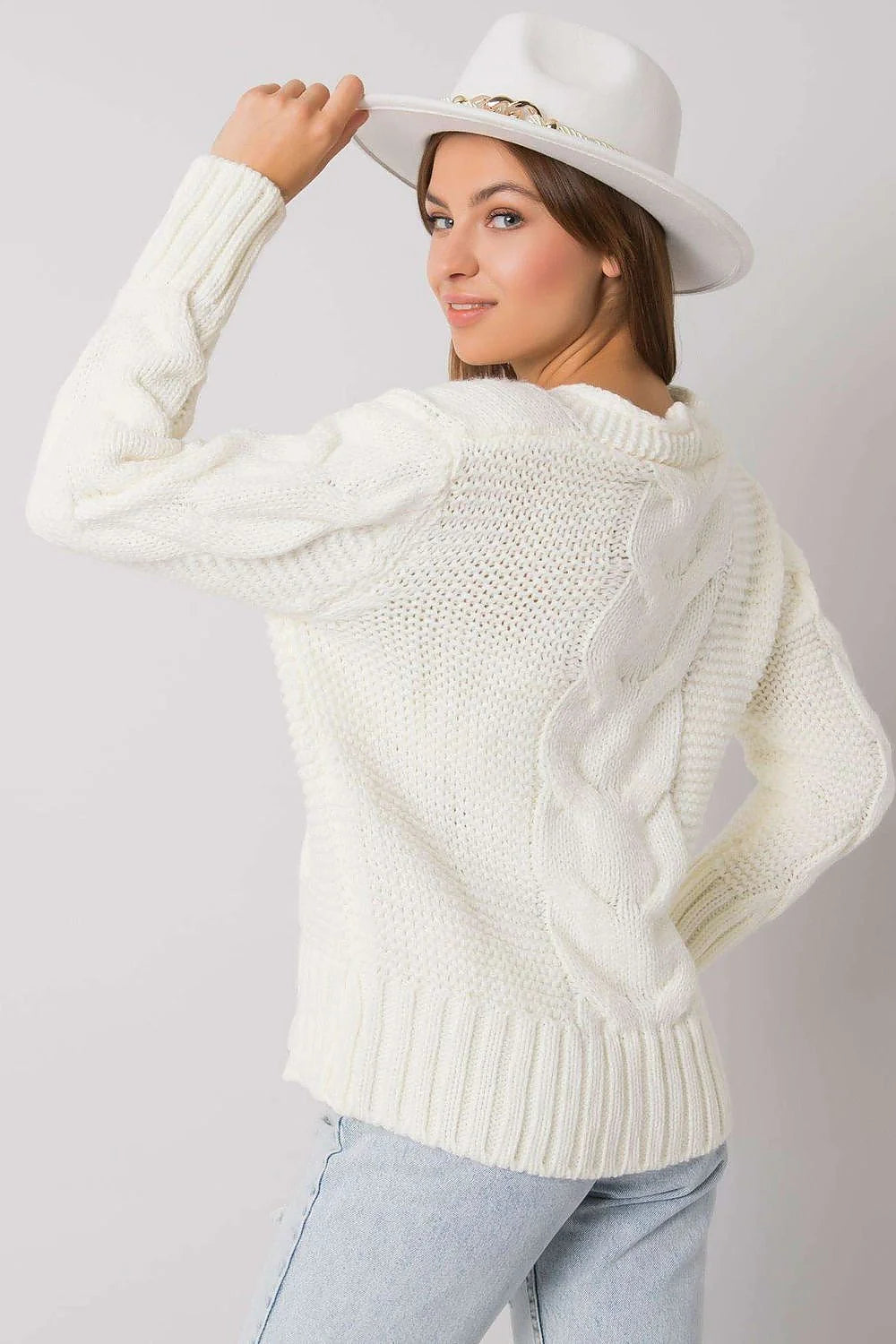 Cardigan Rue Paris moderne texturé V-neck en laine acrylique blanc manches longues boutons bois côtelé coupe ample femmes automne-hiver