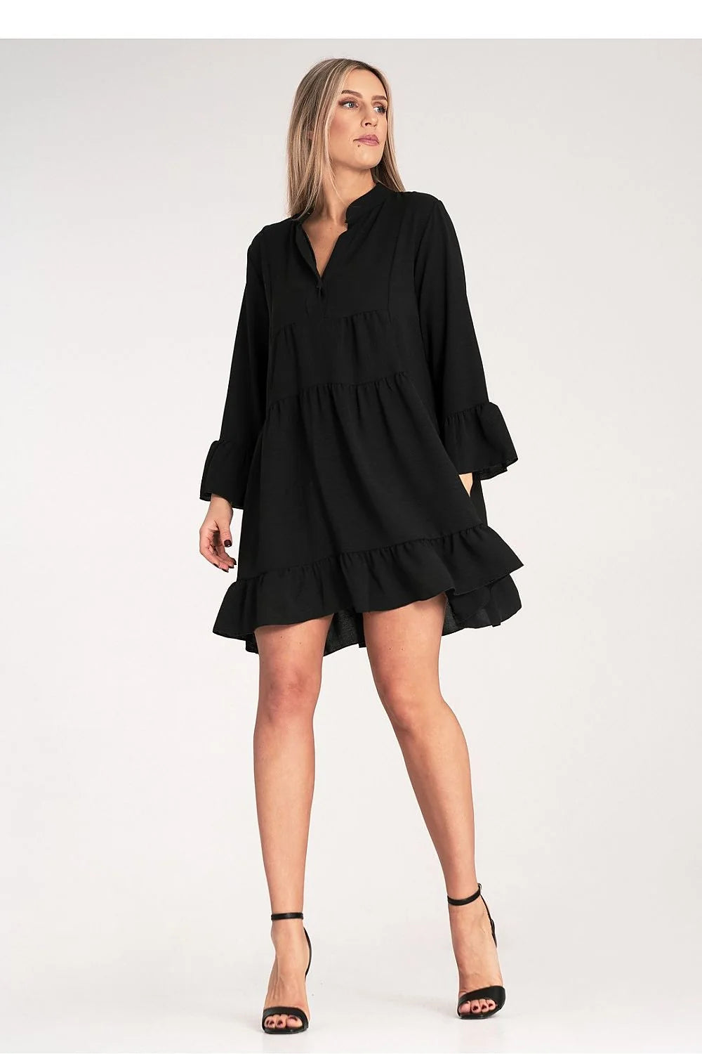 robe jour élégante fluide volants col V manches longues femme noire polyester élasthanne babydoll ample courte genou asymétrique texturé confortable