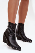 bottines femme simili cuir noir bout pointu talon bloc stable confortable zip latéral rivets semelle rock western silhouette élancée