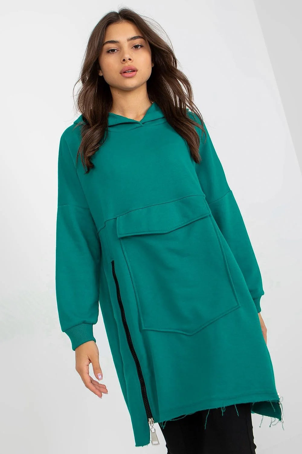 Robe pull femme style décontracté longue manches longues capuche poche kangourou coton vert émeraude