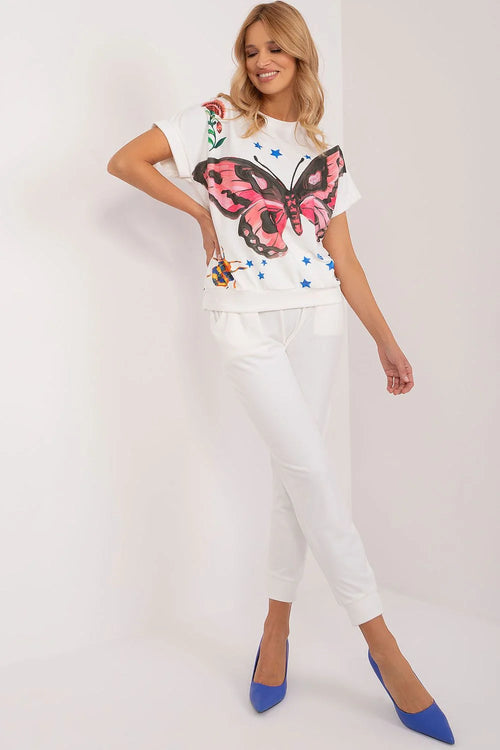 Ensemble femme Rue Paris chemisier papillon pantalon fuselé blanc escarpins bleus coton polyester artistique moderne