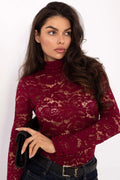 blouse dentelle ajustée manches longues col roulé chic élégante soirée cérémonie confort stretch polyester viscose élasthanne