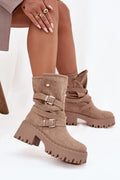 bottes femme suédine écologique taupe mi mollet biker bout arrondi talon massif semelle plateforme crantée épaisse bride tressée boucles dorées réglables