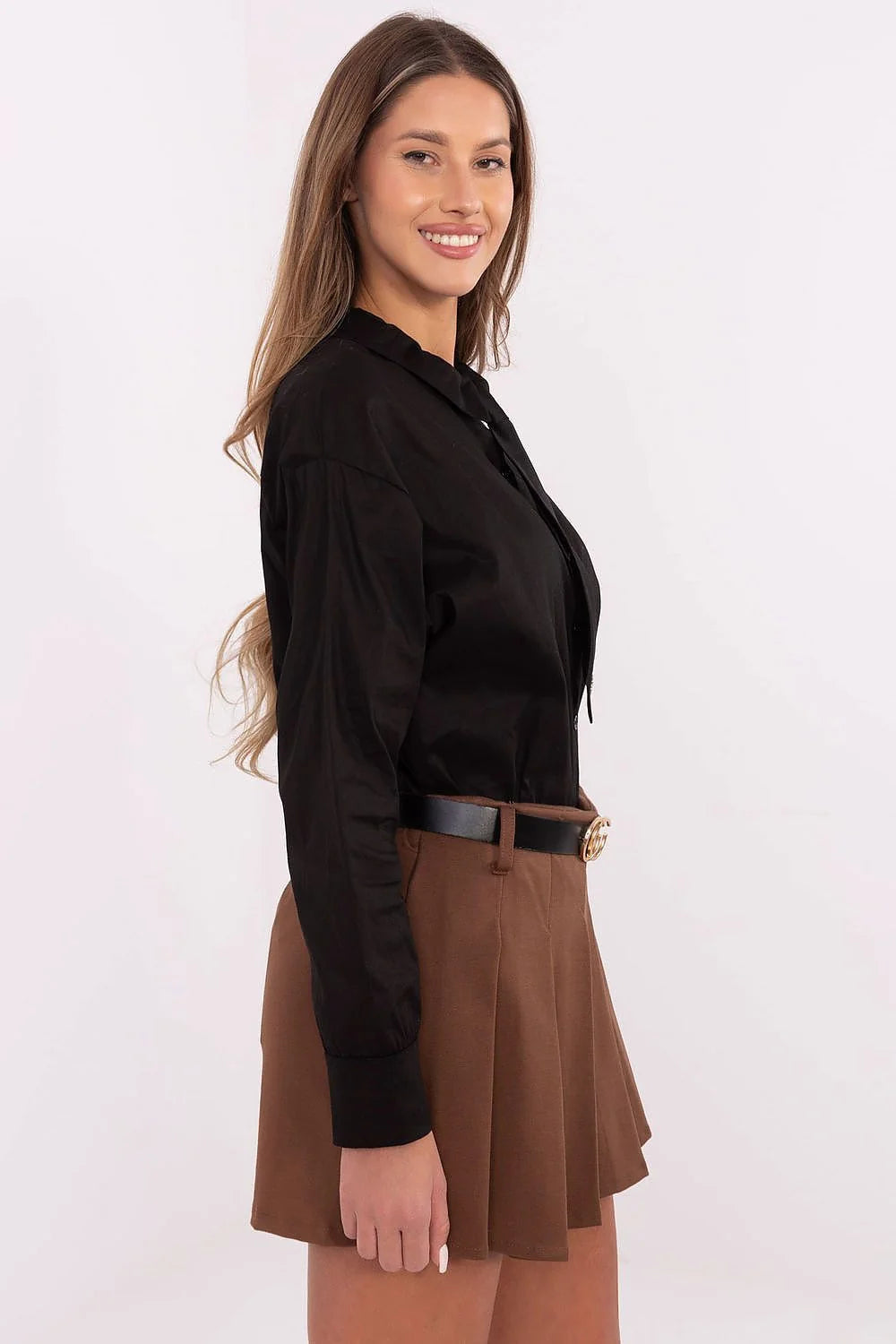 Chemise manche longue Italy Moda design élégant col classique froufroutant cravate intégrée détails métalliques