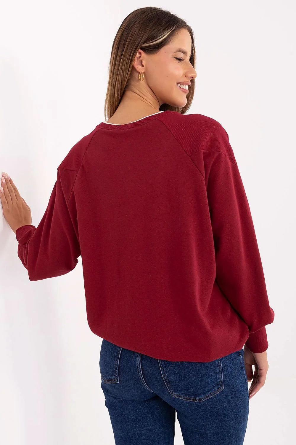 sweatshirt femme bordeaux coton molleton doux coupe loose encolure ronde manches longues poignets côtelés cordon réglable imprimé poitrine