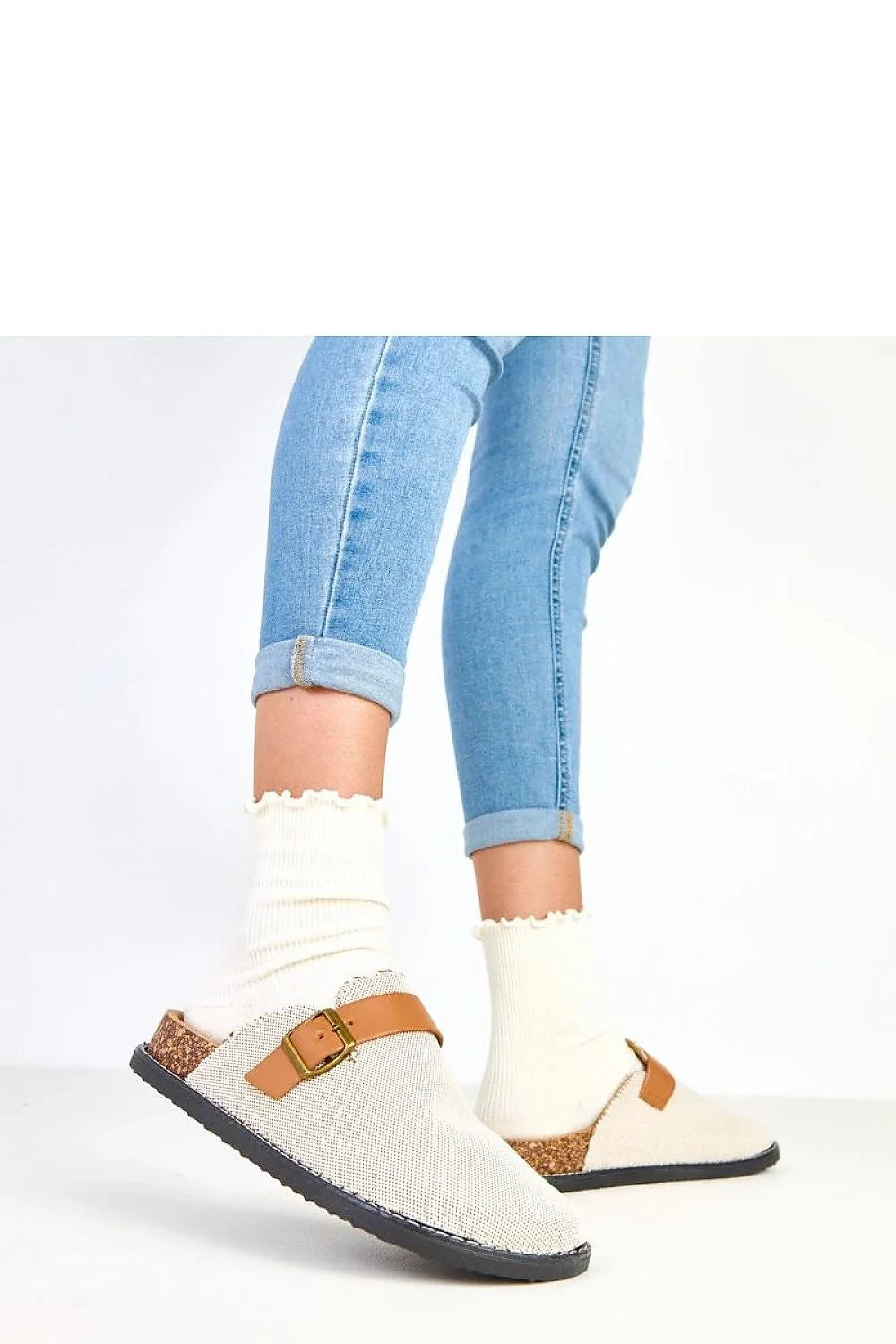 mules femme sabot enfiler bout fermé talon ouvert toile beige écru texturée bride marron boucle réglable semelle liège apparente caoutchouc