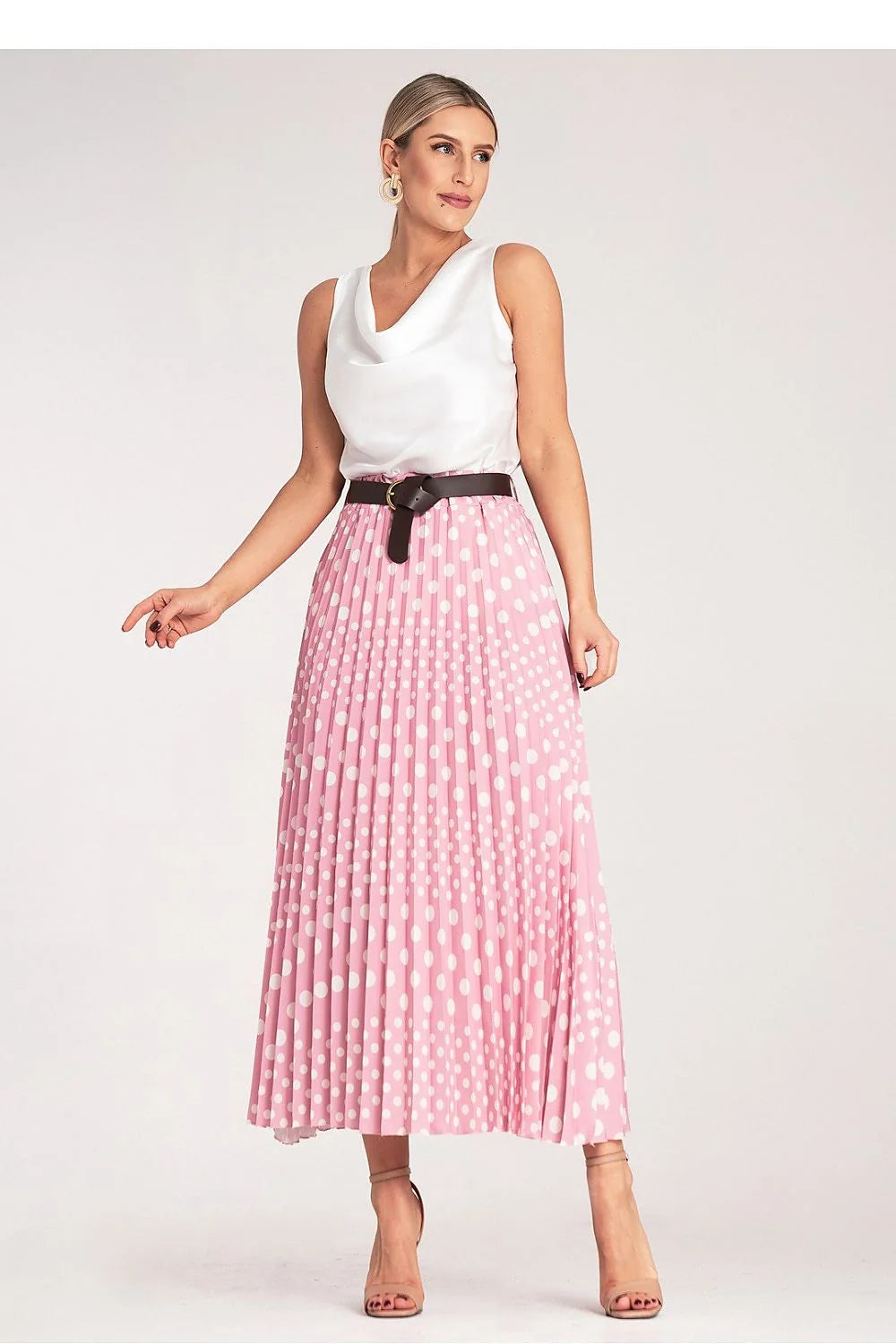 Jupe plissée à pois blancs en polyester taille haute ceinture dorée robe sans manches en satin blanc ensemble élégant pour femmes occasion spéciale