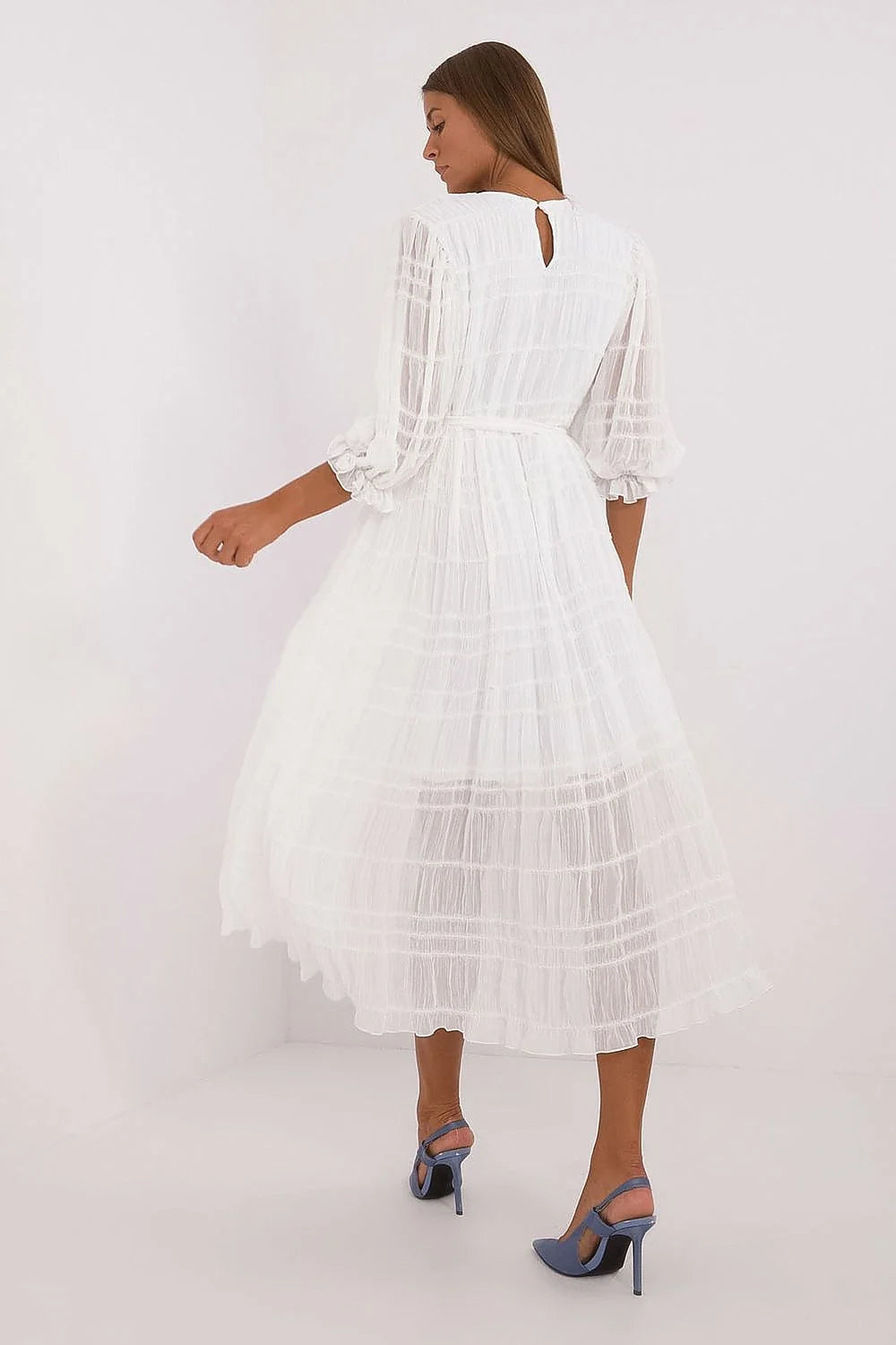 robe midi coton nylon plissé volants manches bouffantes trois quarts encolure ronde doublure ceinture nouée taille bohème mariage