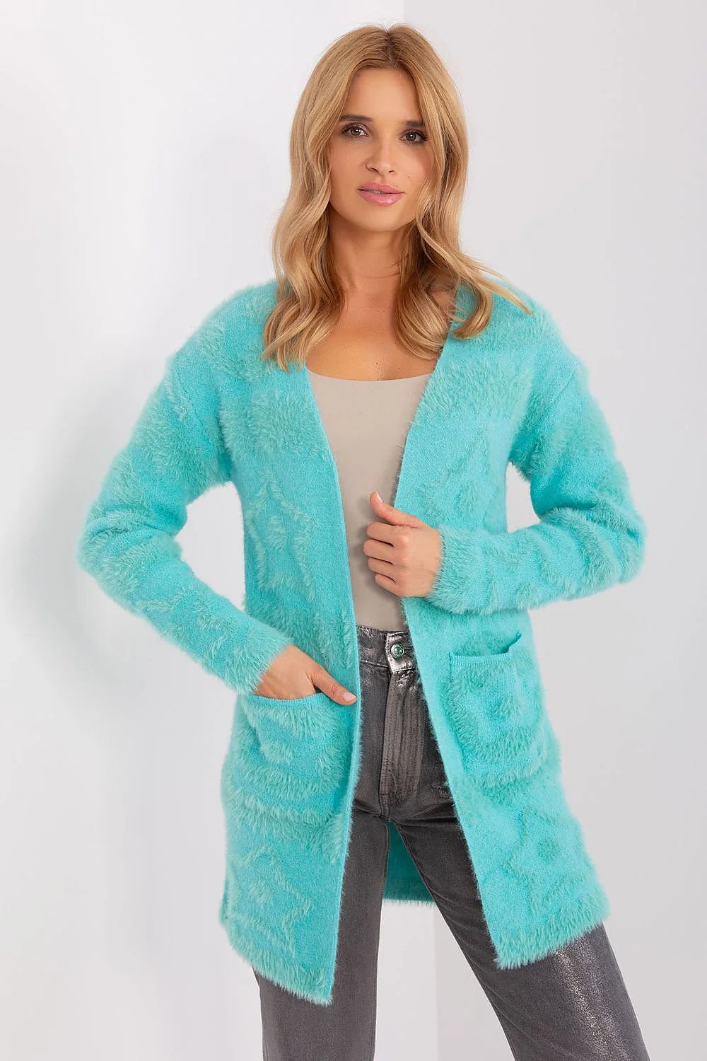 Cardigan pour femme moderne élégant longline manches longues sans fermeture couleur bleu turquoise vibrant texture douce