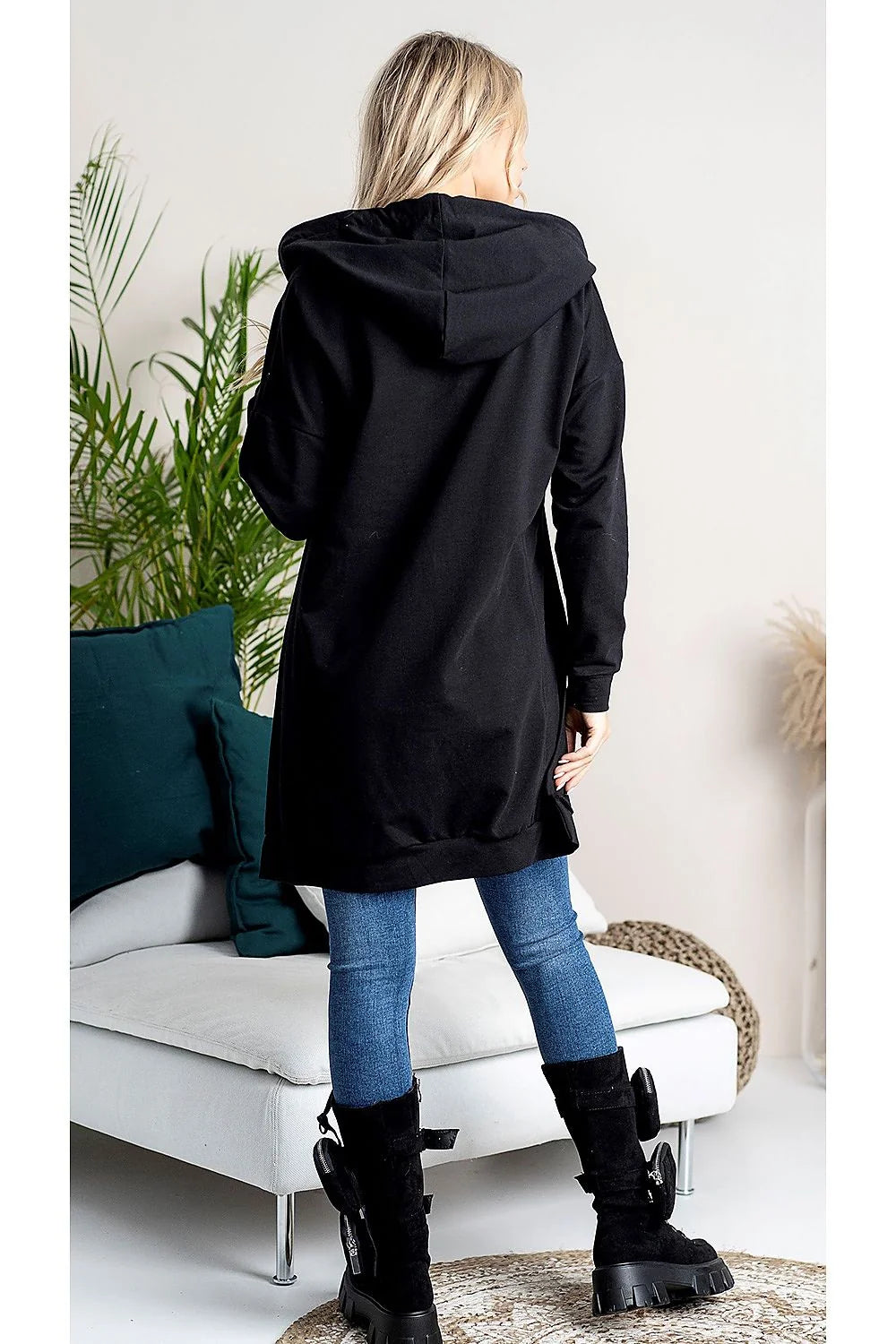 sweatshirt féminin Hajdan confortable capuche oversize ample longueur genoux coton élasthanne molleton doux demi zip cordon serrage manches longues épuré