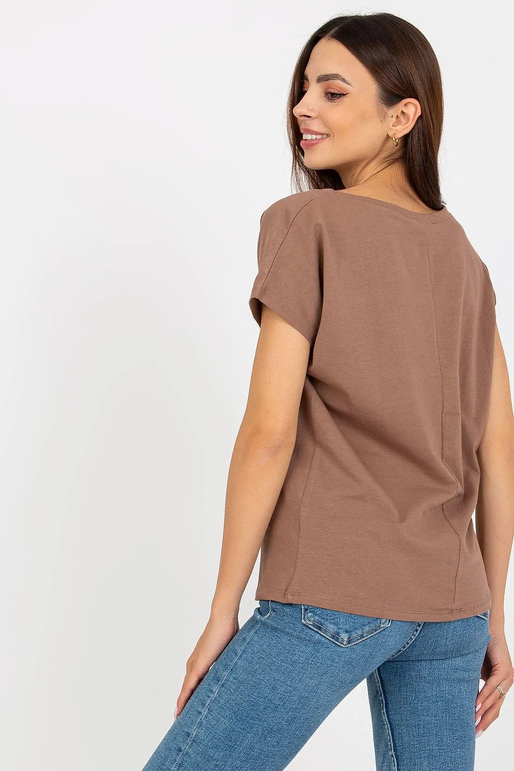 T-shirt femme décontracté couleur marron terre V-neck coton élasthanne loose quotidien