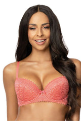 Soutien-gorge féminin push up mat dentelle corail motif géométrique bretelles ajustables fermeture dos taille ajustable soutien-gorge rembourré