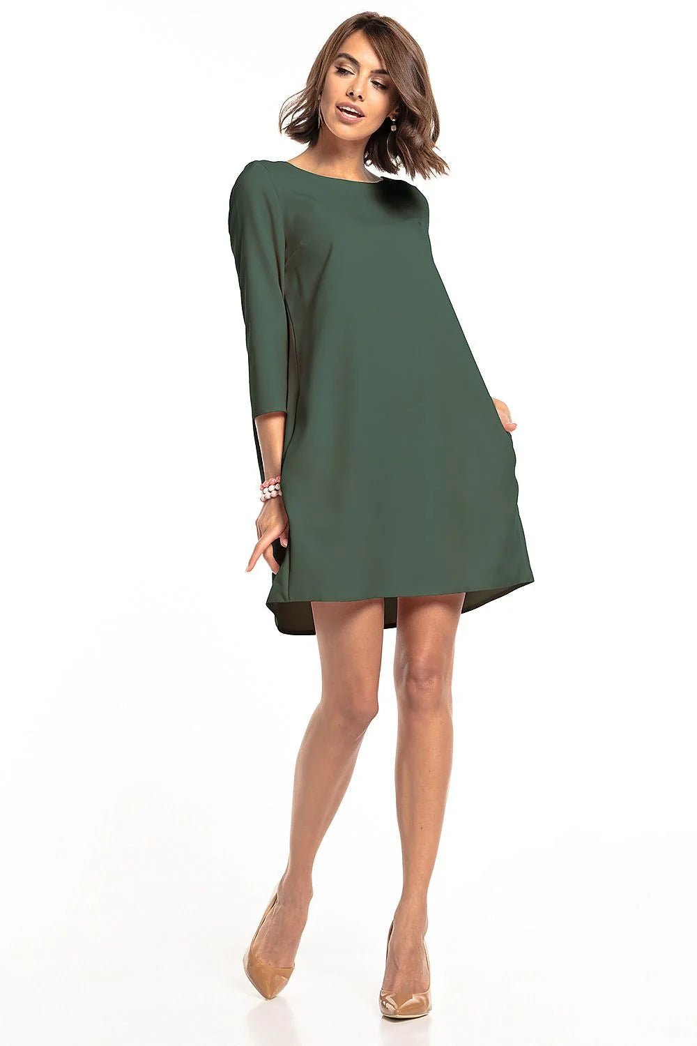 Robe ample polyester vert foncé style trapèze manches trois-quarts élégante chic pour toutes occasions