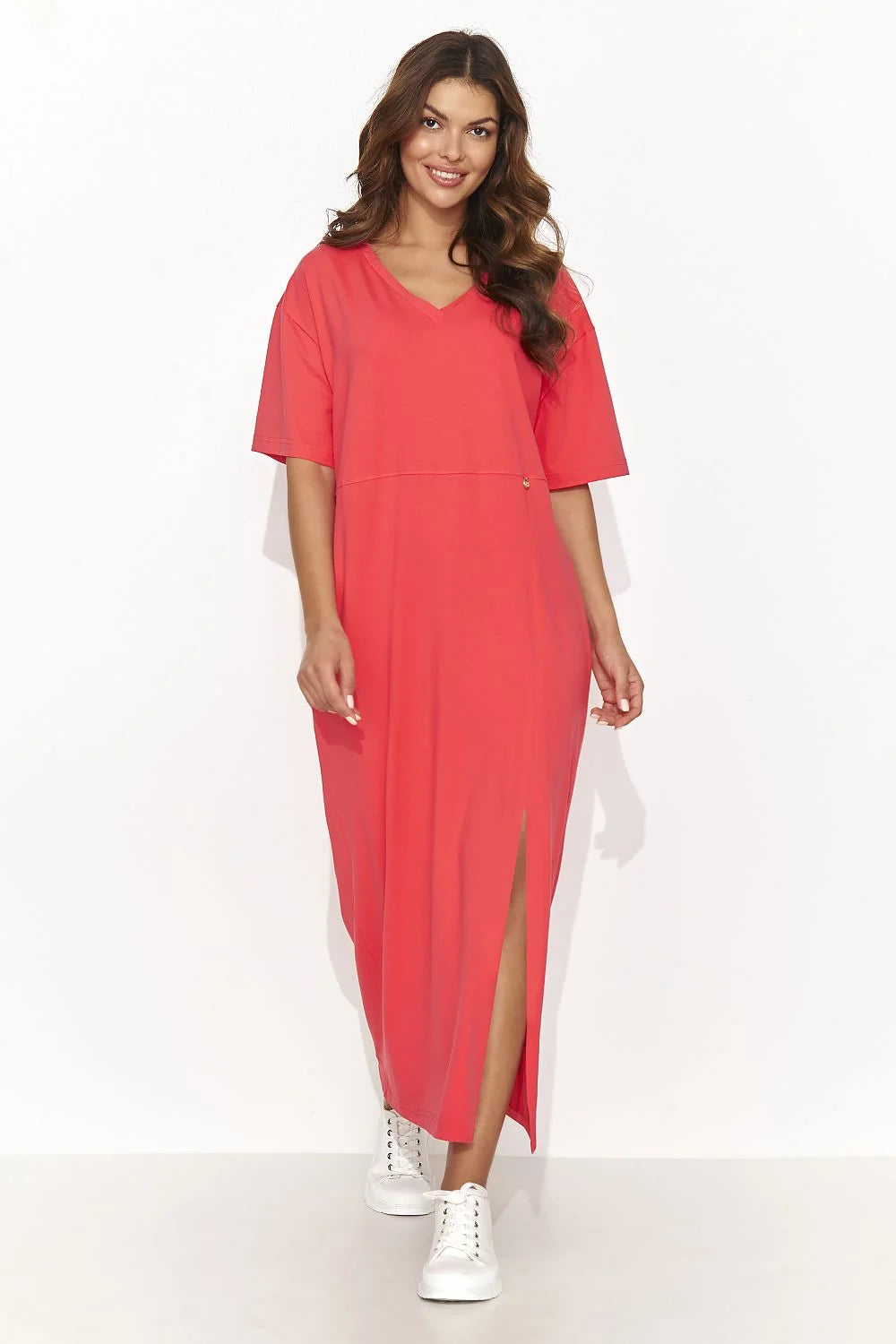 Robe de jour élégante longue manches courtes en coton corail fente plaque dorée taille ajustable femme