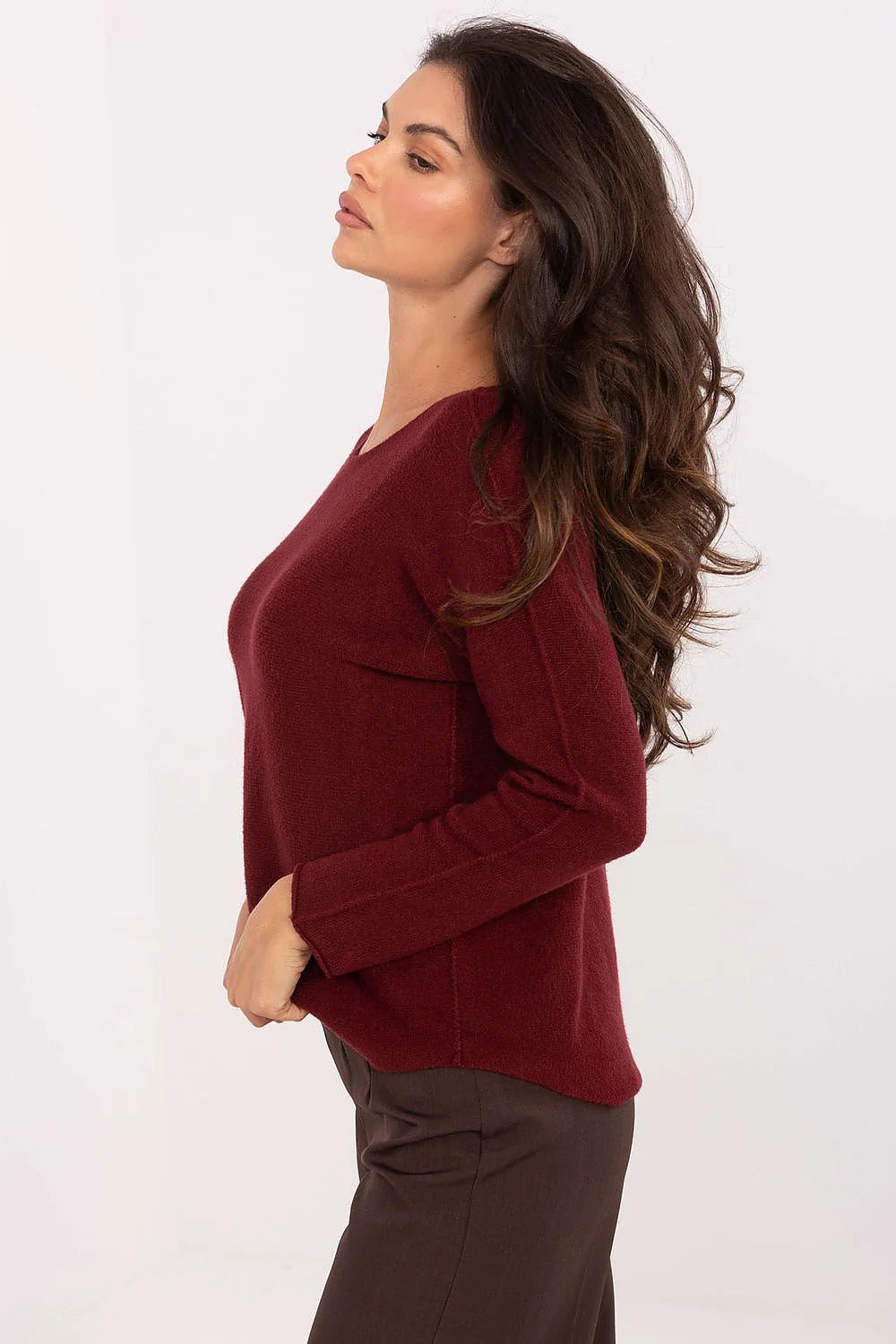 pull femme bordeaux maille fine col rond manches longues coupe droite hanches réversible confortable polyvalent casual chic viscose polyester nylon