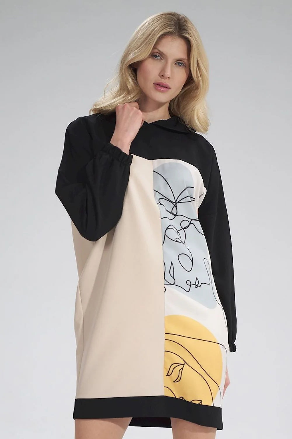 Robe moderne polyester coupe ample imprimé graphique artistique capuche manches longues couleurs multiples femme