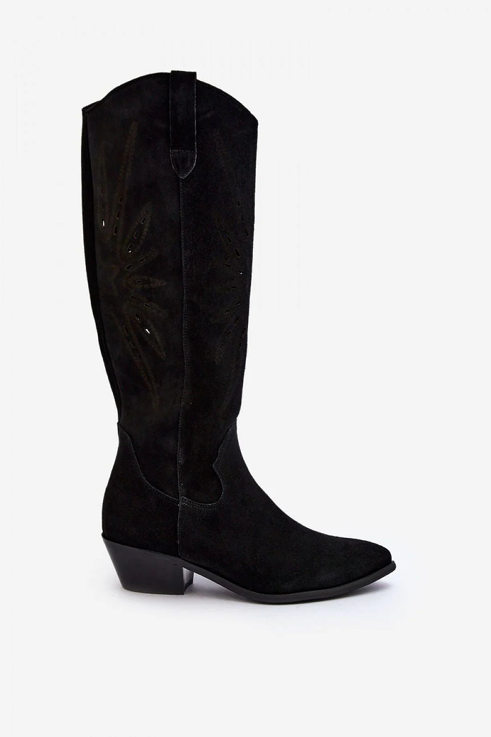 Bottes à tige haute western style laser cut bout pointu talon carré cuir nubuck naturel zippé pour femme