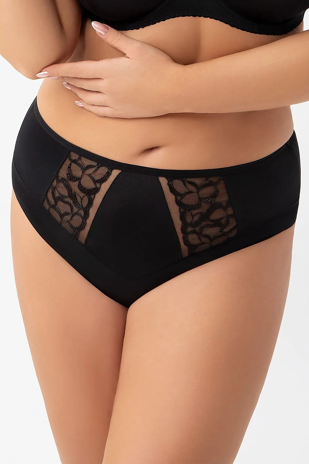 culotte taille haute noire microfibre extensible maintien sculptant coupe couvrante empiècements tulle résille broderie florale bande élastique discrète