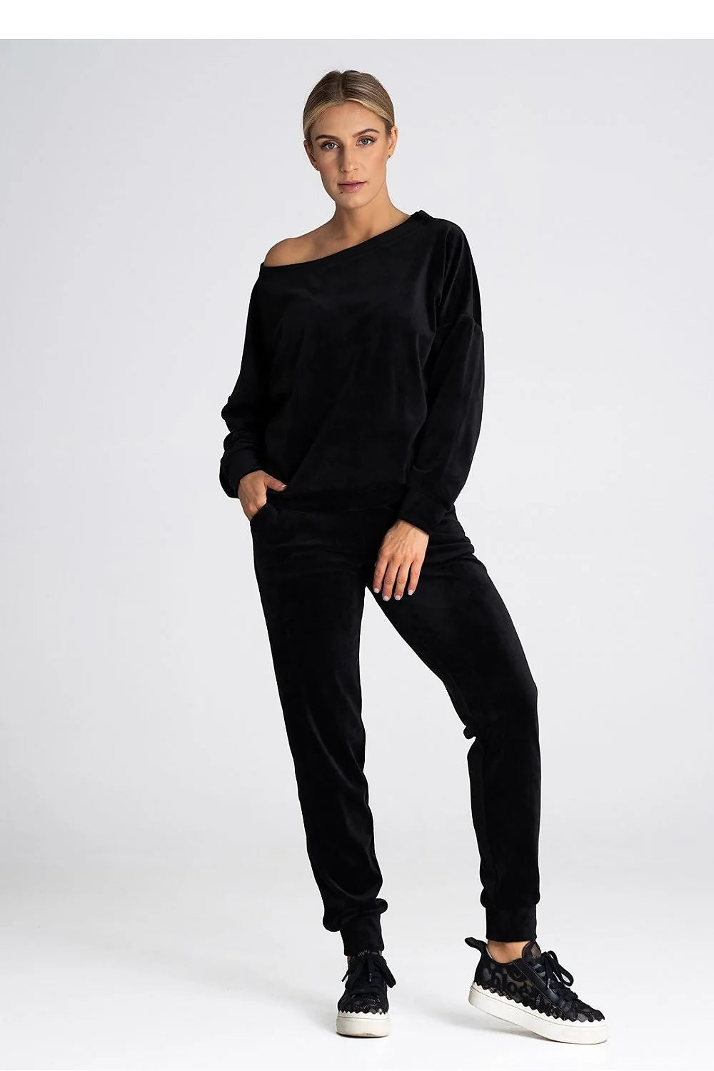 sweatshirt velours noir oversize femme Figl asymétrique encolure bateau manches longues bouffantes poignets côtelés doux extensible polyester elasthanne